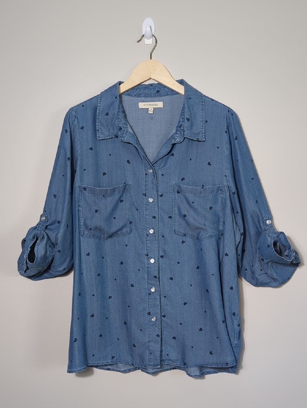 Eco Malibu Blue Chambray Button-Up Shirt with Heart Dots Lyocell Plus Size 1X